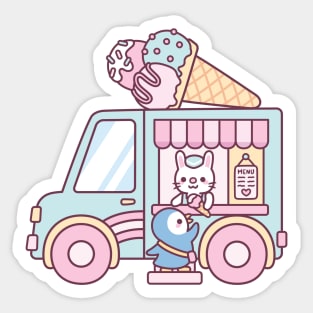 Cute Ice Cream Truck With Bunny And Penguin Sticker